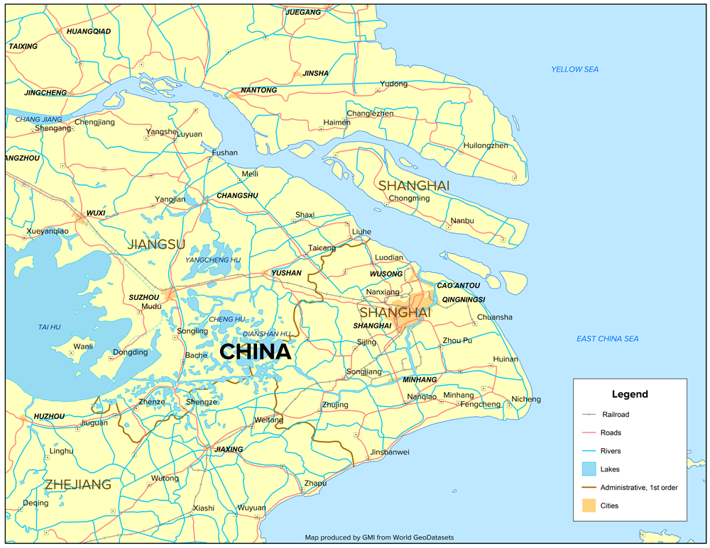Select cities, transportation, and water features near Shanghai, China
