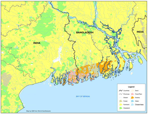 Land cover and water features of Bangladesh and India